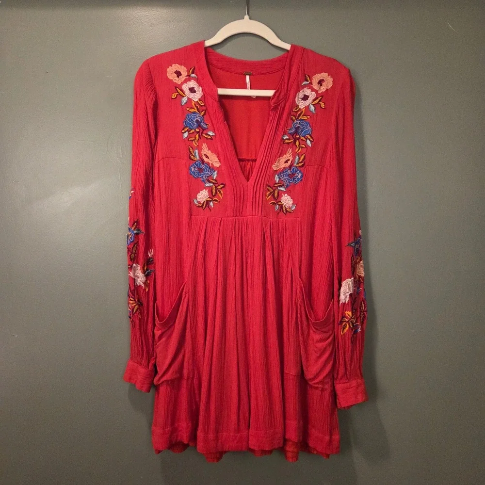 Free People Mia Embroidered Gauze Mini Dress Long Sleeve Boho, Size S, Red